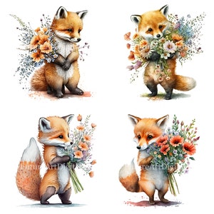 Watercolor Baby Fox with Flowers Printable Nursery Wall art, Fox Digital Clipart, Fox Sublimation PNG