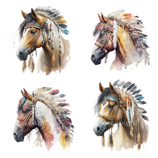 Aquarelle cheval dans une sublimation de coiffure indienne PNG, Clipart numérique cheval indien, art mural imprimable cheval