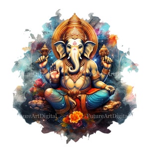Watercolor Ganesha Digital Clipart, Ganesha with Cosmos Sublimation Wall art, Ganesha Printable Wall decor