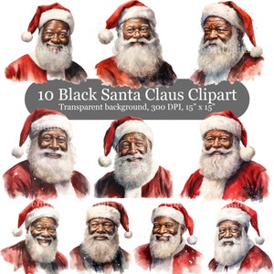 10 aquarel zwarte kerstman clipart, kerstsublimatie, Afro kerstman met transparante achtergrond, zwarte kerstman afdrukbare muurkunst