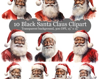 10 Watercolor Black Santa Clipart, Christmas Sublimation, Afro Santa with Transparent Background, Black Santa Claus Printable Wall art