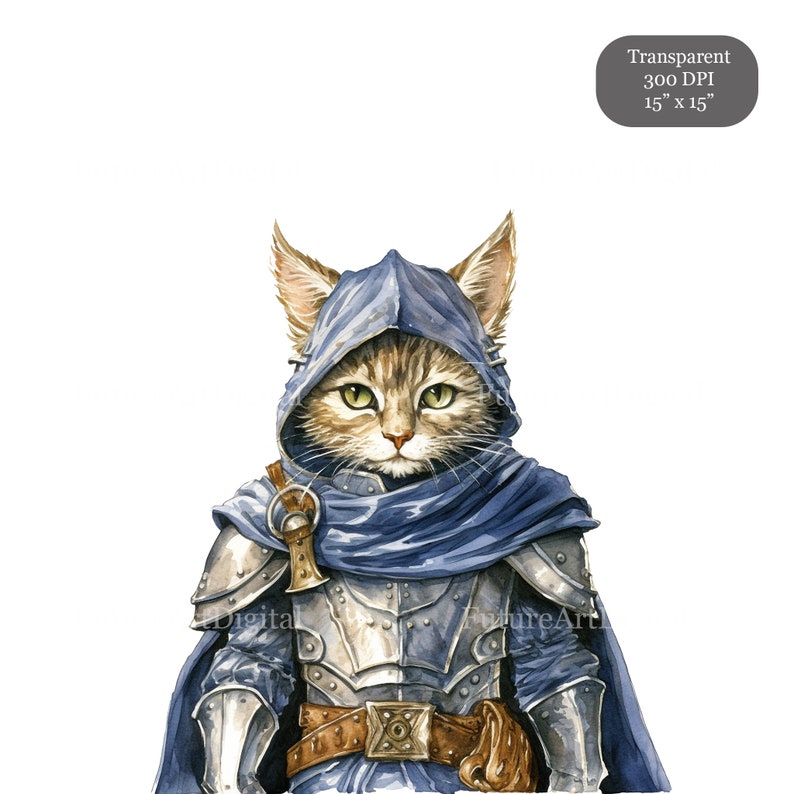 Pode incluir: Uma pintura em aquarela de um gato vestindo uma capa azul com capuz e armadura prateada. O gato tem olhos verdes e p&ecirc;lo marrom tigrado. O gato est&aacute; olhando diretamente para o espectador.