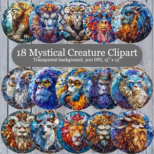 以下が含まれることがあります： ステンドグラスのデザインが施された神秘的な生き物を描いたデジタルクリップアート画像18点セット。各画像は38.1cm×38.1cmで、透明な背景になっています。