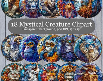 18 Mystical Creature Digital Clipart, Fantasy Creature Clipart Bundle, Digital Windspinner Sublimation Print, Free Commercial Use