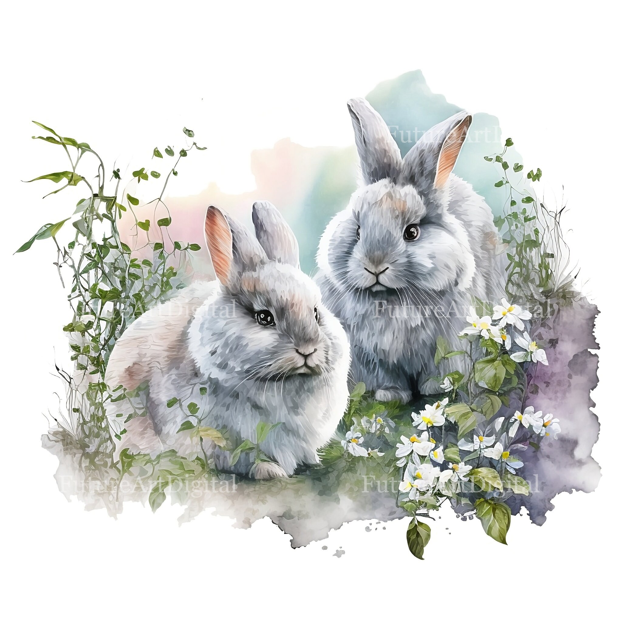 Watercolor Grey Angora Bunny Couple Digital Clipart, Angora Bunnies ...