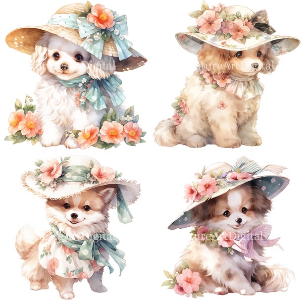 Watercolor Puppy Wearing a Cute Hat Digital Clipart, Puppy Printable Nursery Wall art, Puppy with a Hat Sublimation PNG