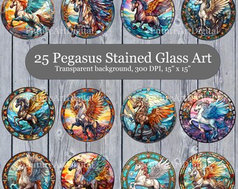25 Stained Glass Pegasus Printable Clipart, Pegasus Digital Clipart Bundle, Pegasus Stained Glass Sublimation PNG