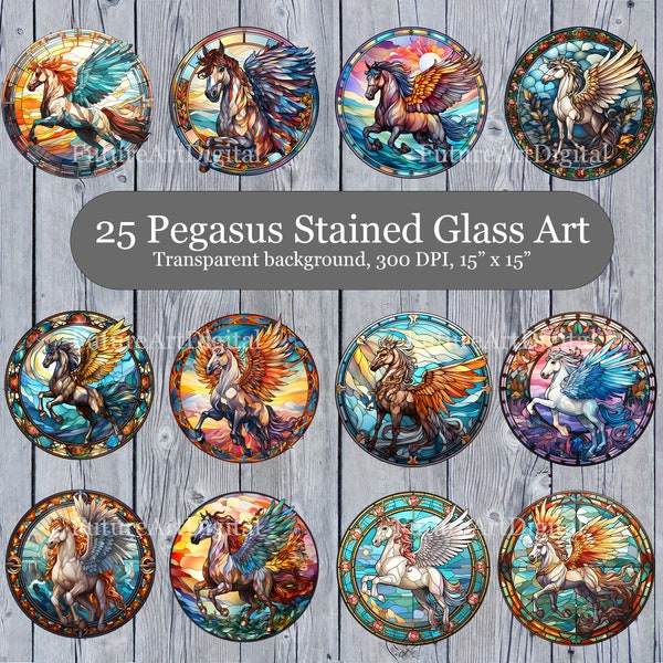 25 Stained Glass Pegasus Printable Clipart, Pegasus Digital Clipart Bundle, Pegasus Stained Glass Sublimation PNG