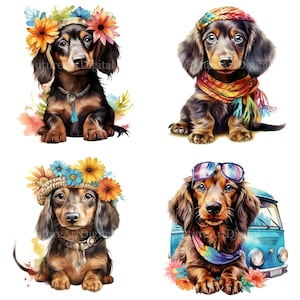 Aquarell Hippie Dackel Welpen digitale Clipart, Dackel Welpen Sublimation PNG, Hippie Wurst Hund druckbare Wandkunst