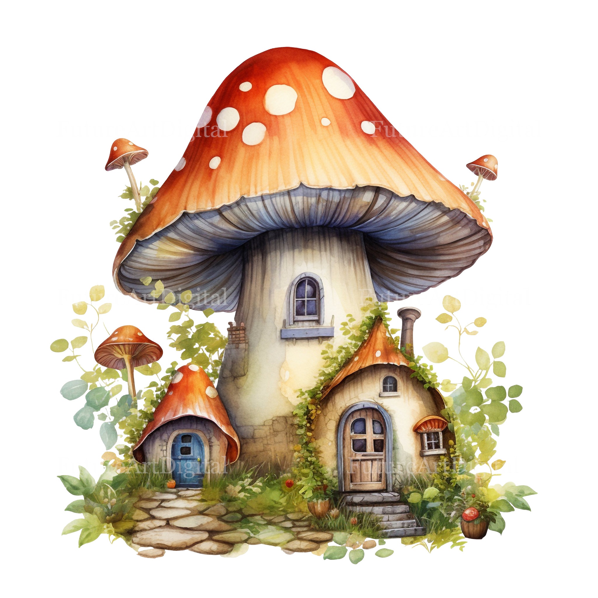 Set of 8 Watercolor Mushroom House Digital Clipart, Mushroom Fairy ...