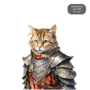 Pode incluir: Uma pintura em aquarela de um gato vestindo uma armadura. O gato tem pelos marrons e laranja e est&aacute; olhando diretamente para o espectador. A armadura &eacute; prateada e tem detalhes intrincados. O gato est&aacute; usando uma capa vermelha.