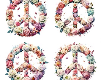 May include: Four peace signs made of colorful flowers. Each peace sign is surrounded by a variety of flowers in shades of pink, purple, blue, and white.