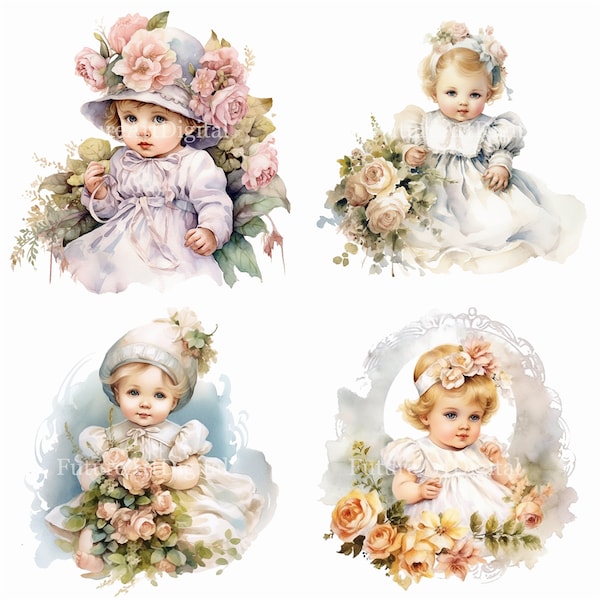 Watercolor Baby in a Victorian Dress Digital Clipart, Baby with Flowers Sublimation PNG, Toddler Printable Wall art