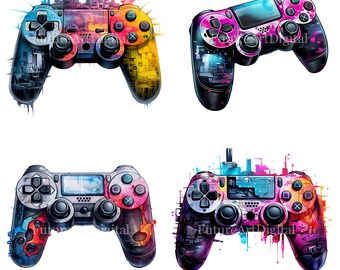 Set of 12 Cyberpunk Gaming Controller Digital Clipart, Ps Controller Sublimation PNG, Gaming Controller Printable Wall art