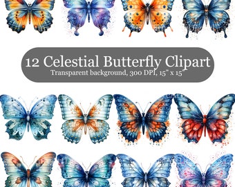 Watercolor Celestial Butterfly Clipart Bundle, 12 Celestial Butterflies Digital Junk Journal Clipart, Watercolor Butterfly Sublimation PNG