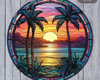 Set of 6 Stained Glass Sunset on a Beach Digital Clipart, Sunset with Beach Sublimation PNG, Stained Glass Beach and Sunset Printable art