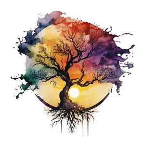 Watercolor Tree of Life with Sunset Sublimation PNG, Tree of Life Printable Wall art, Tree of Life Digital Clipart image 2