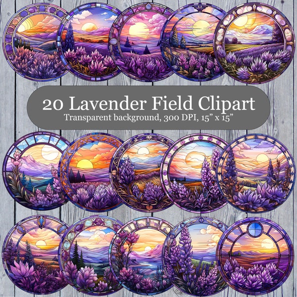 20 Lavender Flower Stained Glass Clipart, Lavender Field PNG,  Round Stained Glass, Wind Spinner Sublimation PNG, Commercial Use