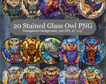 Owl Stained Glass Sublimation Design Bundle, 20 Owl Stain Glass Pattern, Faux Stained Glass PNG, Suncatcher Sublimation PNG, Commercial Use