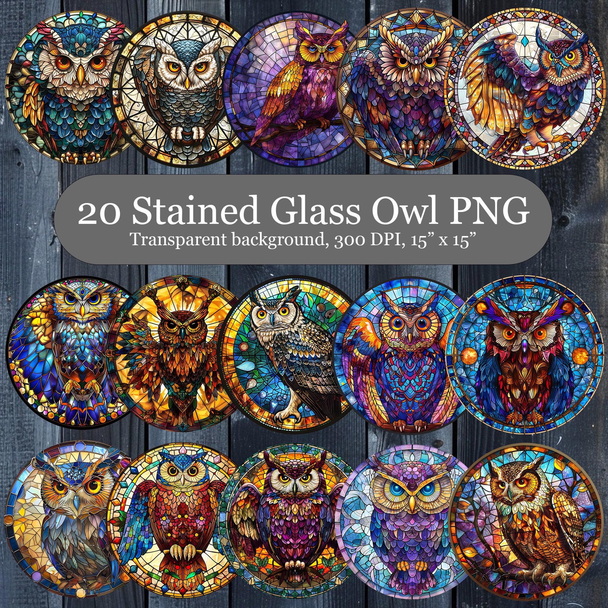 Owl Stained Glass Sublimation Design Bundle, 20 Owl Stain Glass Pattern, Faux Stained Glass PNG, Sun