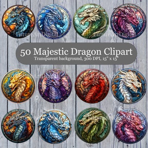 Buntglas-Drachen-Mega-Bundle, 50 majestätische Drachen gebeizte digitale Cliparts, bunte Drachen druckbare Wandkunst, digitaler Download