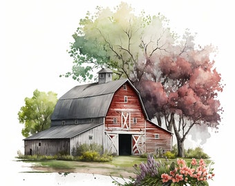Watercolor Farm Barn Sublimation PNG, Barn Digital Clipart, Barn Printable Wall Art, Farm Barn Digital Download file