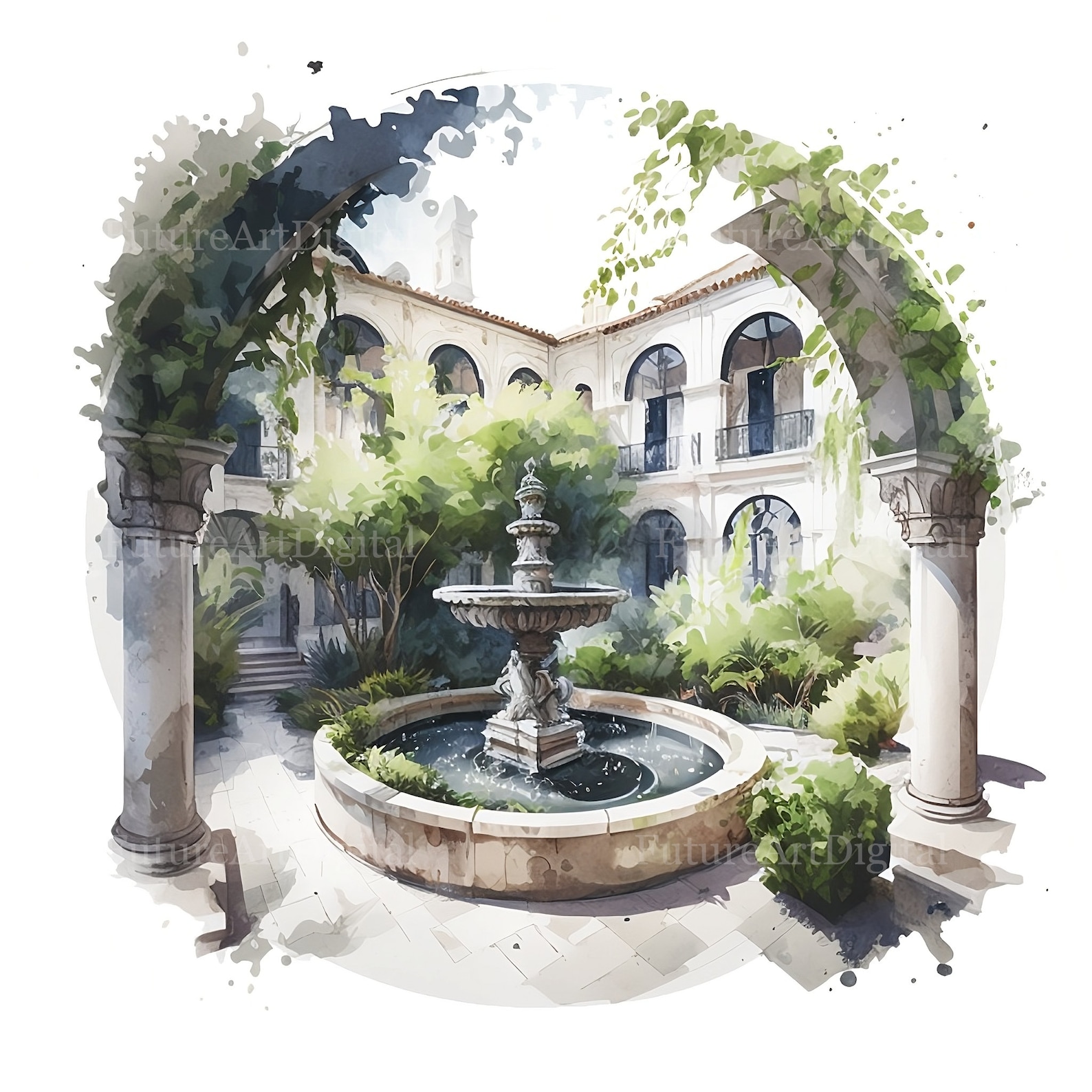 Watercolor Courtyard With Fountain Sublimation PNG, Courtyard Digital ...