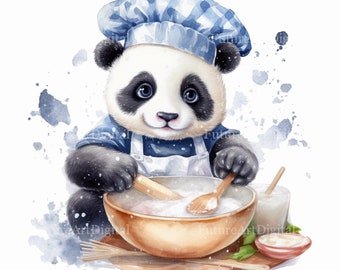 Watercolor Baking Panda Baby Sublimation PNG, Baking Panda Digital Clipart, Baby Panda Printable Wall art