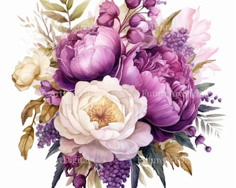 Watercolor Flower Bouquet Sublimation PNG, Flower Bouquet Digital Clipart, Flowers Printable Wall art, Digital Download