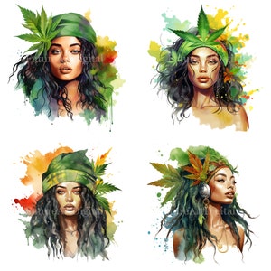 Aquarela linda garota hippie clipart digital, garota hippie com sublimação de folha de cannabis PNG, arte de parede para impressão de garota rasta