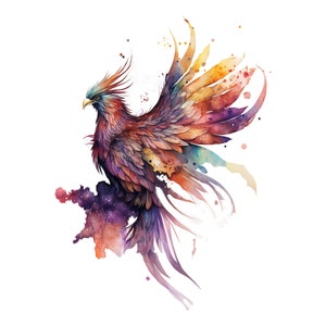 K&ouml;nnte beinhalten: Ein Aquarellbild eines bunten Ph&ouml;nix mit ausgebreiteten Fl&uuml;geln. Der Ph&ouml;nix ist in Violett-, Orange- und Blaut&ouml;nen dargestellt, mit einem Farbklecks dahinter.
