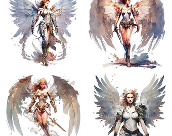 Watercolor Angel Warrior Girl Sublimation PNG, Angel Digital Clipart, Angel Girl with Wings Printable Wall art