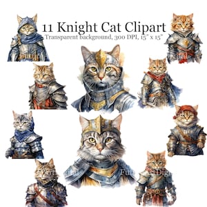 Pode incluir: Onze ilustra&ccedil;&otilde;es digitais de gatos vestidos como cavaleiros de armadura. Os gatos est&atilde;o em v&aacute;rias poses e t&ecirc;m diferentes cores de p&ecirc;lo. O fundo &eacute; transparente.