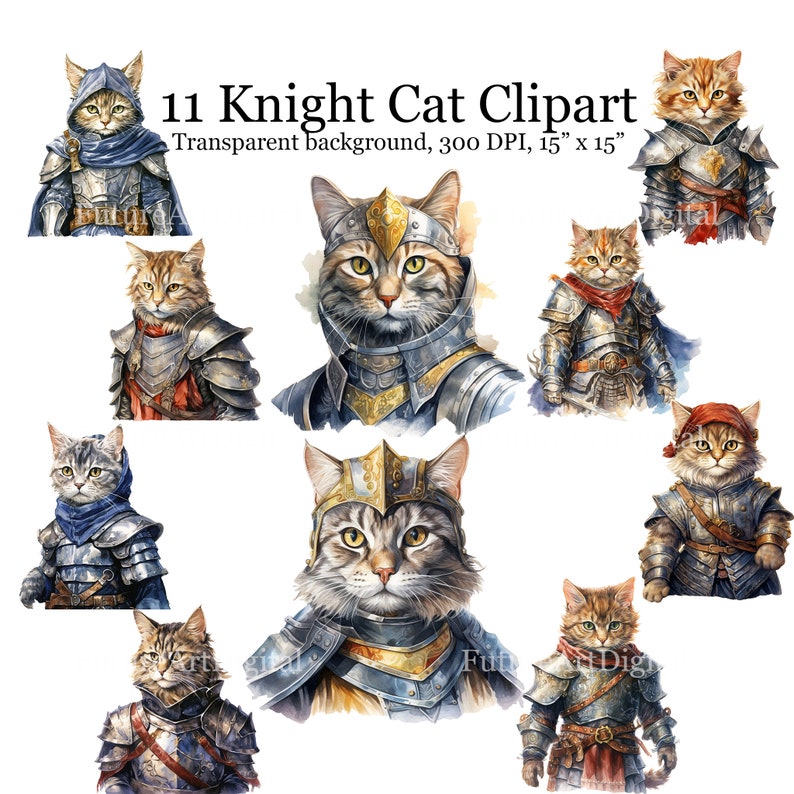 Pode incluir: Onze ilustra&ccedil;&otilde;es digitais de gatos vestidos como cavaleiros de armadura. Os gatos est&atilde;o em v&aacute;rias poses e t&ecirc;m diferentes cores de p&ecirc;lo. O fundo &eacute; transparente.