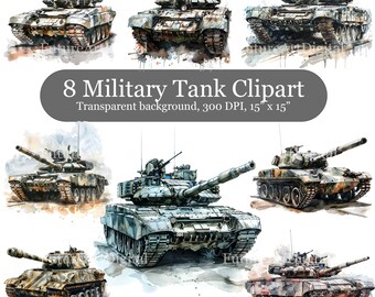 8 Watercolor Military Tank Digital Clipart, Tank Sublimation PNG, Military Tank Printable Scrapbooking Clipart