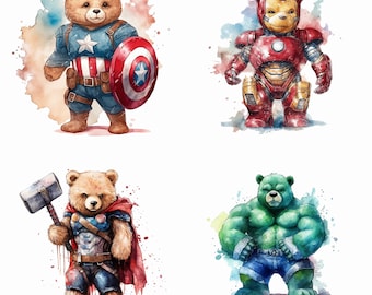 Watercolor Set of 8 Superhero Teddy Bear Printable Wall art, Teddy Bear Superheroes Digital Clipart, Superhero Teddy Bear Sublimation PNG