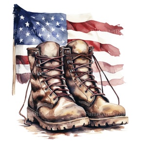 Puede incluir: Ilustraci&oacute;n en acuarela de botas militares marrones con cordones rojos, frente a una bandera estadounidense ondeando. Las botas detalladas evocan servicio y patriotismo, con los colores de la bandera destacados.