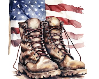 Watercolor Army Boots with American Flag Digital Clipart, US Flag with Boots Sublimation PNG, American Flag with Military Boots Printable