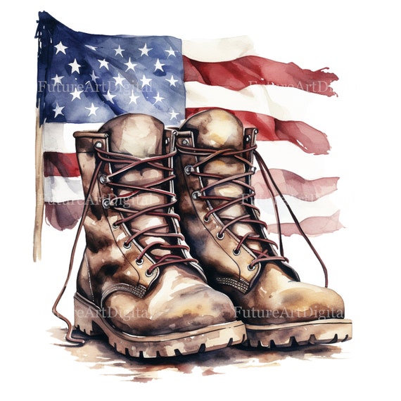 Watercolor Army Boots with American Flag Digital Clipart, US Flag with Boots Sublimation PNG, American Flag with Military Boots Printable