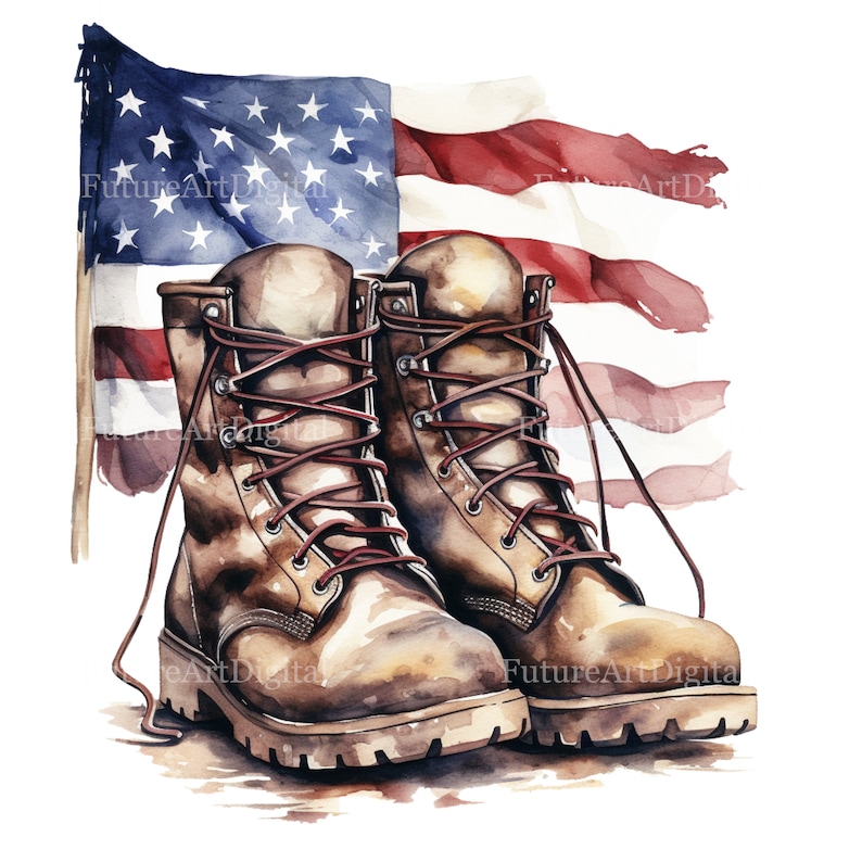 Puede incluir: Ilustraci&oacute;n en acuarela de botas militares marrones con cordones rojos, frente a una bandera estadounidense ondeando. Las botas detalladas evocan servicio y patriotismo, con los colores de la bandera destacados.