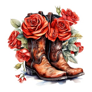 10 Aquarell Cowboy-Stiefel mit Rosen Digital Clipart, Transparente Cowboy-Stiefel Bedruckbare Wandkunst, Cowboy-Stiefel mit Rosen Sublimation PNG