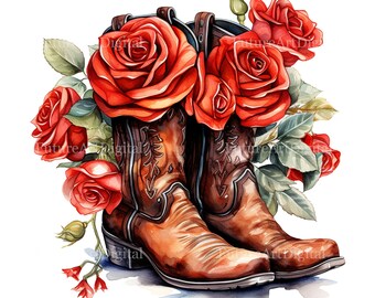 10 Watercolor Cowboy Boots with Roses Digital Clipart, Transparent Cowboy Boots Printable Wall art, Cowboy Boots with Roses Sublimation PNG