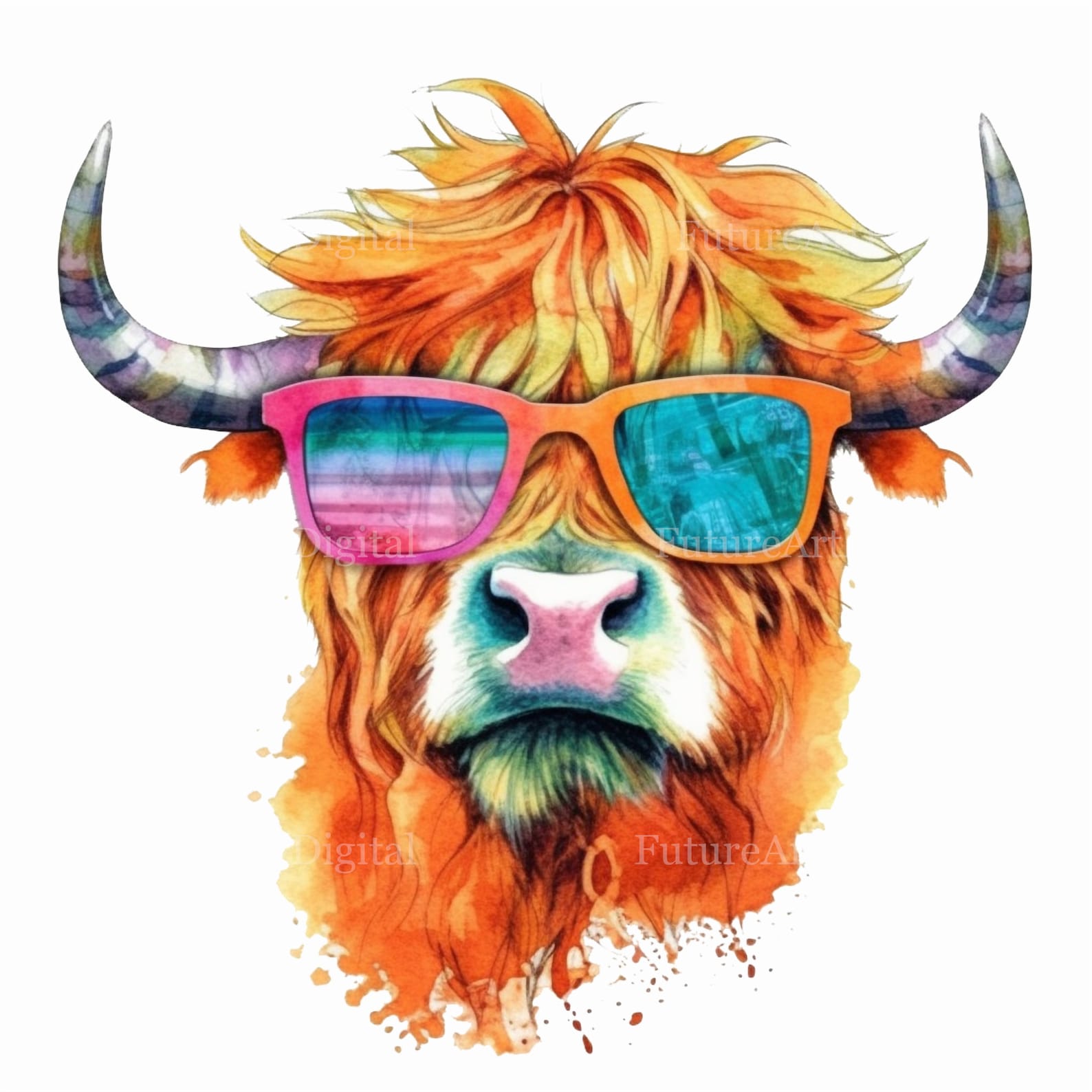 Watercolor Highland Cow Wearing Sunglasses Digital Clipart, Highland ...