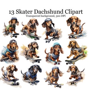 Aquarell Skater Dackel Digital Clipart, 13 Skater Dackel Sublimation PNG, Dackel druckbare Wandkunst