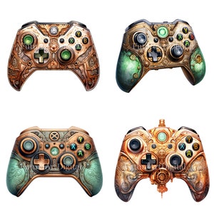 Könnte beinhalten: Vier verschiedene farbige Xbox-Controller im Steampunk-Design. Die Controller sind gold, braun und grün mit aufwendigen Details.