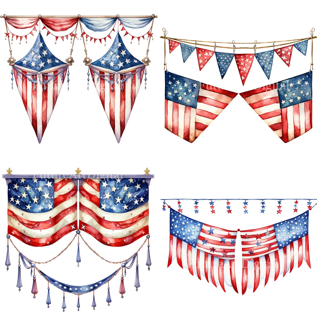 Watercolor Patriotic 4th of July Banner Digital Clipart, Patriotic ...