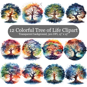 12 Aquarelle Arbre de vie Sublimation PNG, Arbre coloré de vie Invitation Clipart Bundle, Arbre de vie Art mural imprimable