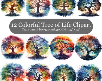 May include: Twelve watercolor illustrations of colorful tree of life clipart with a transparent background. Each image features a tree with a different color palette and a circular design.