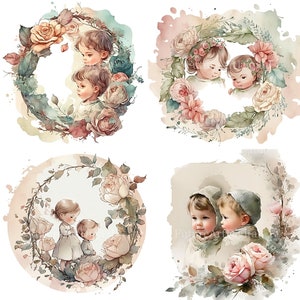 Niños de acuarela en un marco floral Sublimación PNG, 2 niños en un marco Clipart digital, Marco de flores con niños arte de pared imprimible