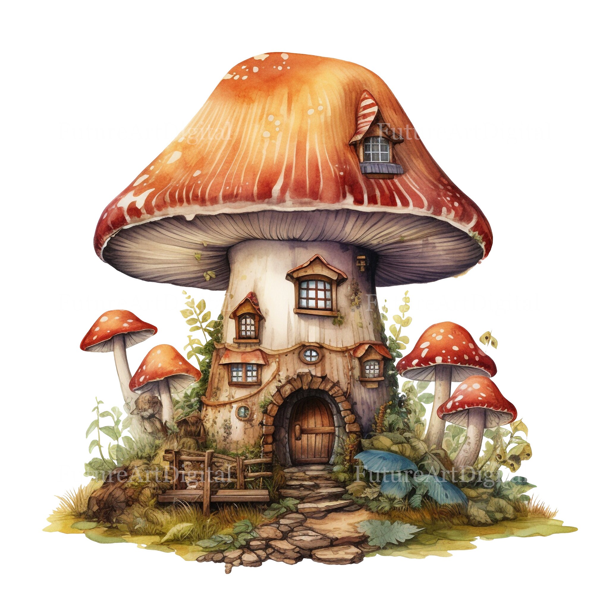 Set of 8 Watercolor Mushroom House Digital Clipart, Mushroom Fairy ...